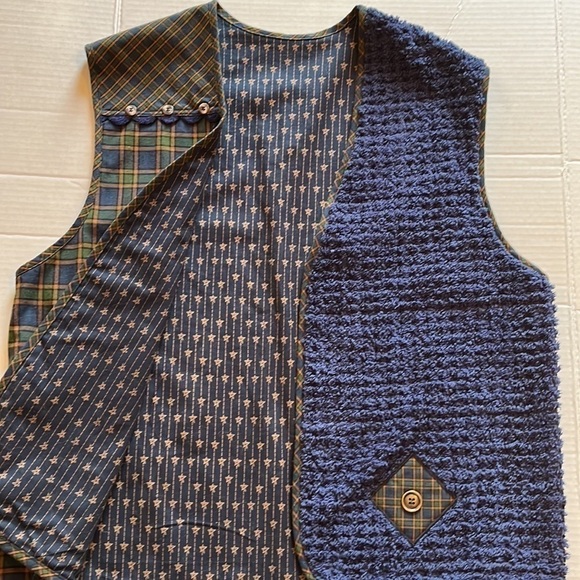 Handmade -Large-blue green plaid, blue terry cloth, buttons, unisex ,vest - Picture 6 of 9